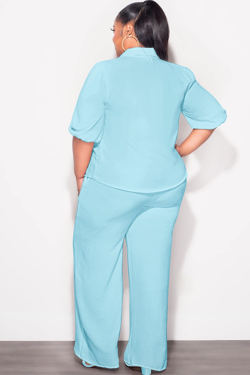 Final Sale Plus Size 2pc Button Up Collar Top and Pants Set in Aqua Linen Stretch Support