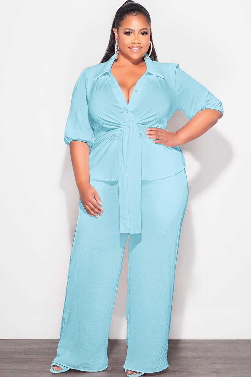 FlexibleStretchWeave TouchscreenCompatiblePockets Final Sale Plus Size 2pc Button Up Collar Top and Pants Set in Aqua Linen