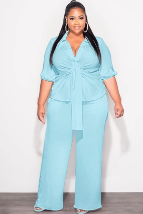 Final Sale Plus Size 2pc Button Up Collar Top and Pants Set in Aqua Linen Windproof Membrane Comfy Wardrobe