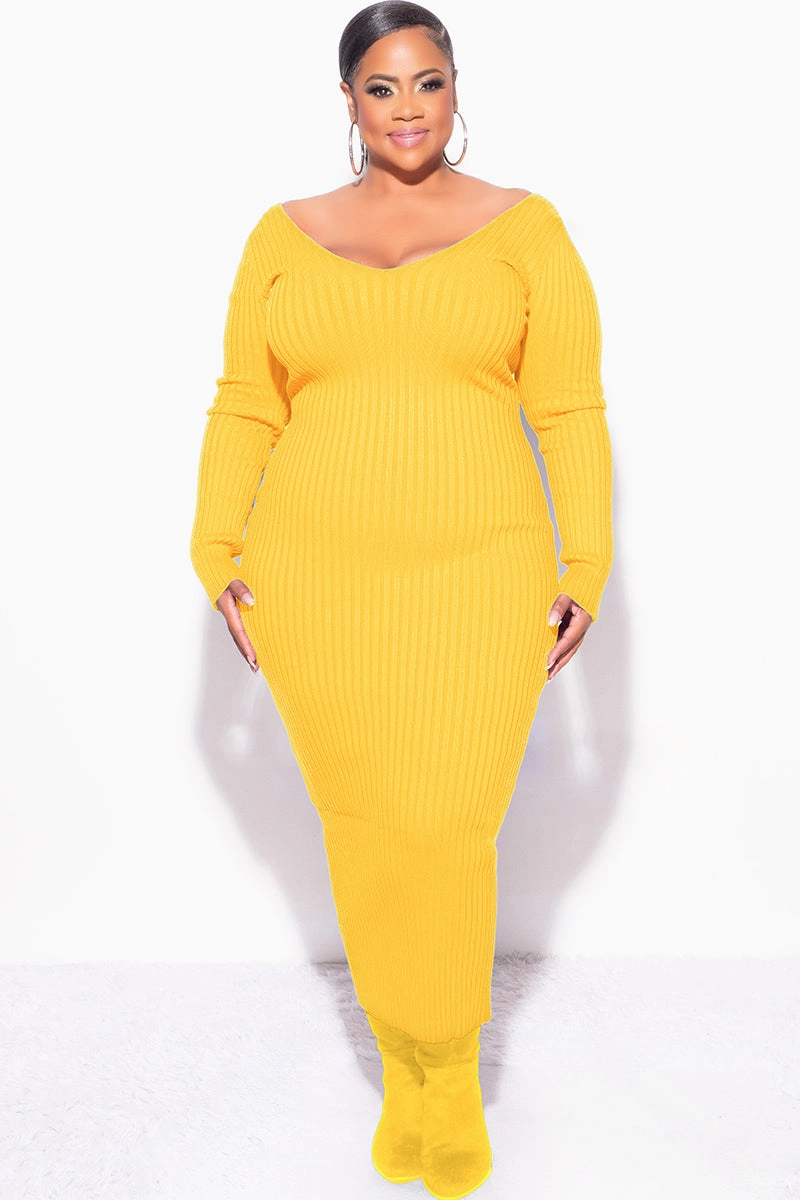 Final Sale Plus Size BodyCon Ribbed Knit Dress in Gold Yellow Body Shape Comfortable Fabric