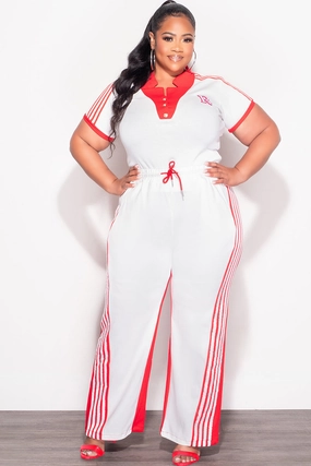 Simple Silhouette Final Sale Plus Size 2pc Color-Block Collar Crop Top and Pants Set in White and Red