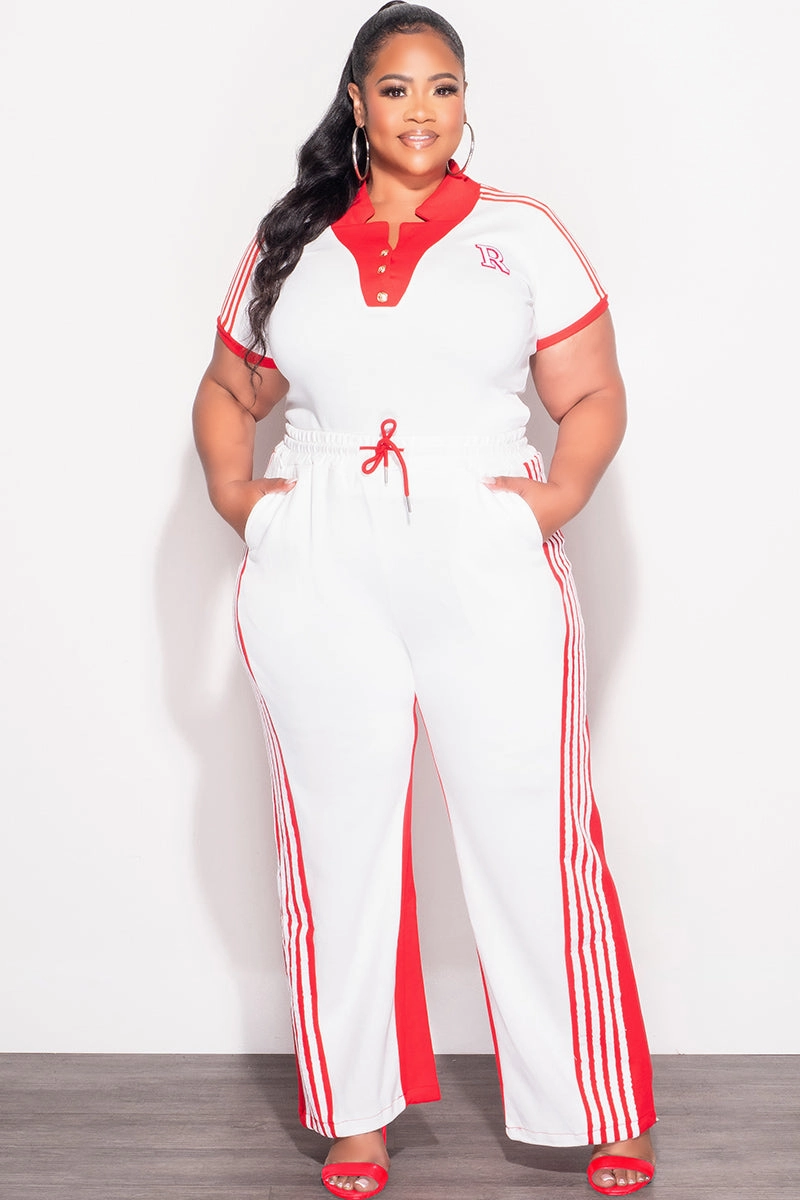 Tailored Wear Final Sale Plus Size 2pc Color-Block Collar Crop Top and Pants Set in White and Red