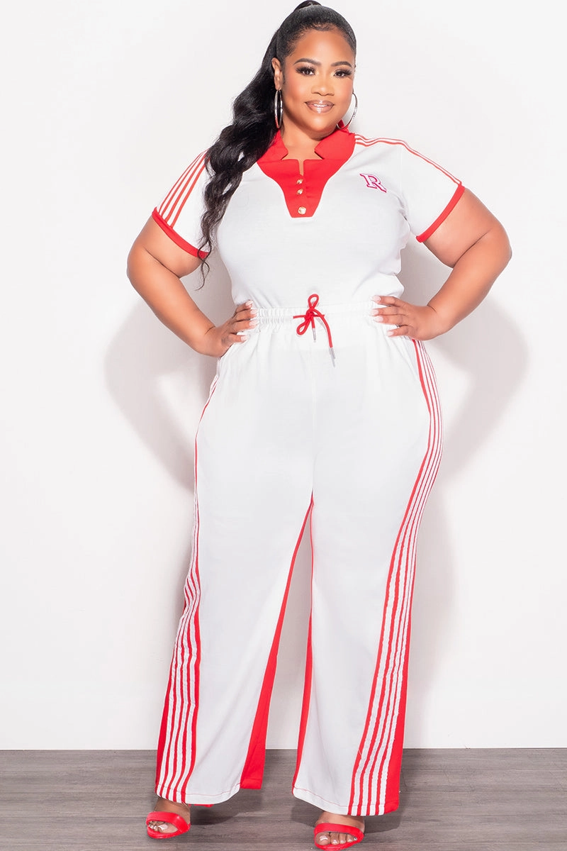 Simple Silhouette Final Sale Plus Size 2pc Color-Block Collar Crop Top and Pants Set in White and Red