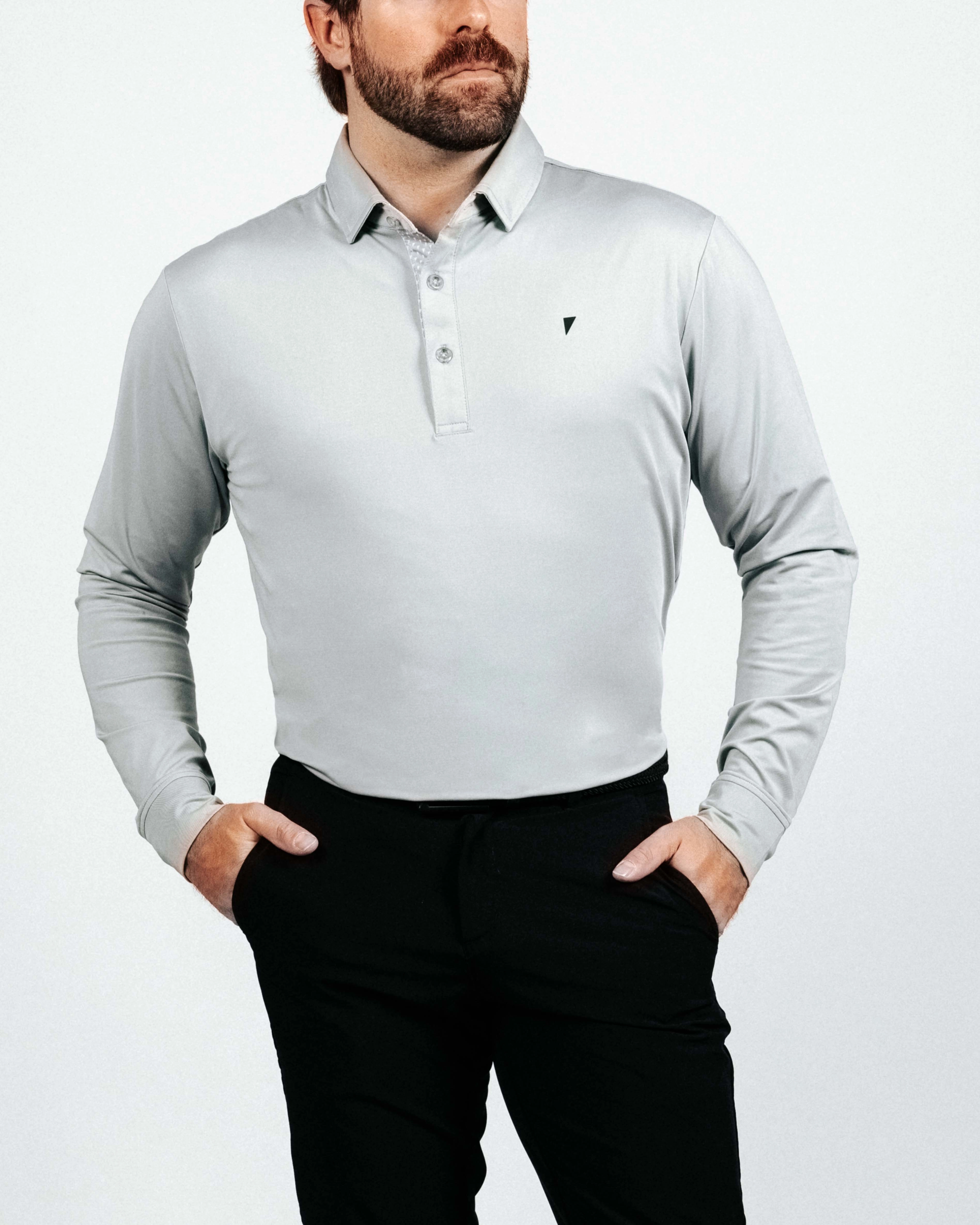 Light Gray Long Sleeve Classic Polo Microfiber Material