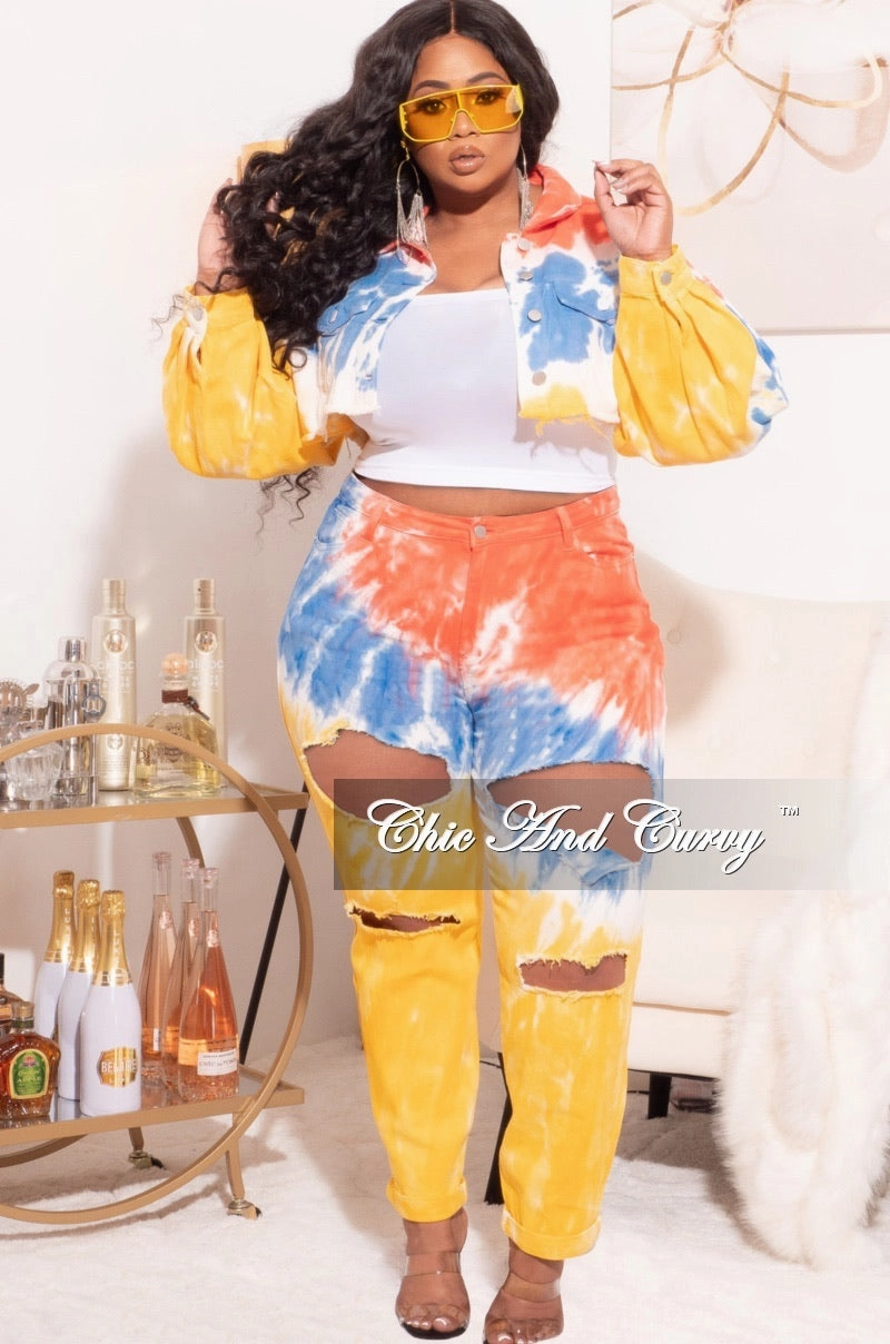 Final Sale Plus Size 2pc Set Distressed Denim Jacket & Pants in Mustard, Blue, & Orange Tie Dye HiddenDrawcord