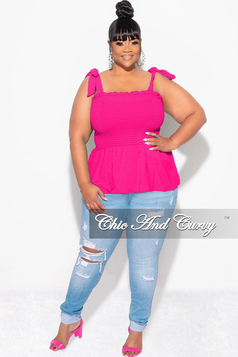 Final Sale Plus Size Smocked Peplum Tank Top in Fuchsia Stretch Ready Relaxed Look