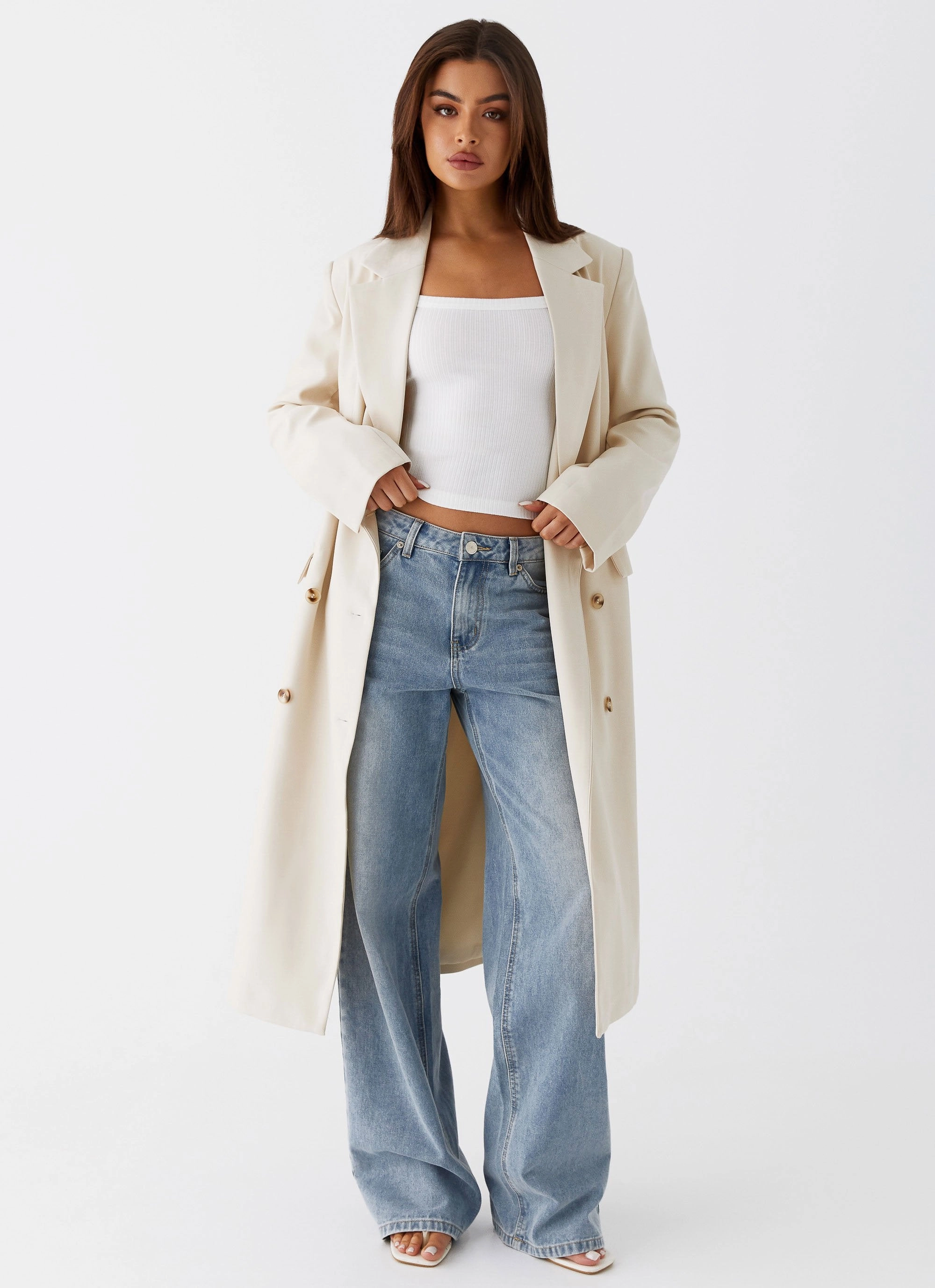 Adjustable Detachable Hood Compression Fold Design Dalia Double Breasted Blazer Coat - Beige