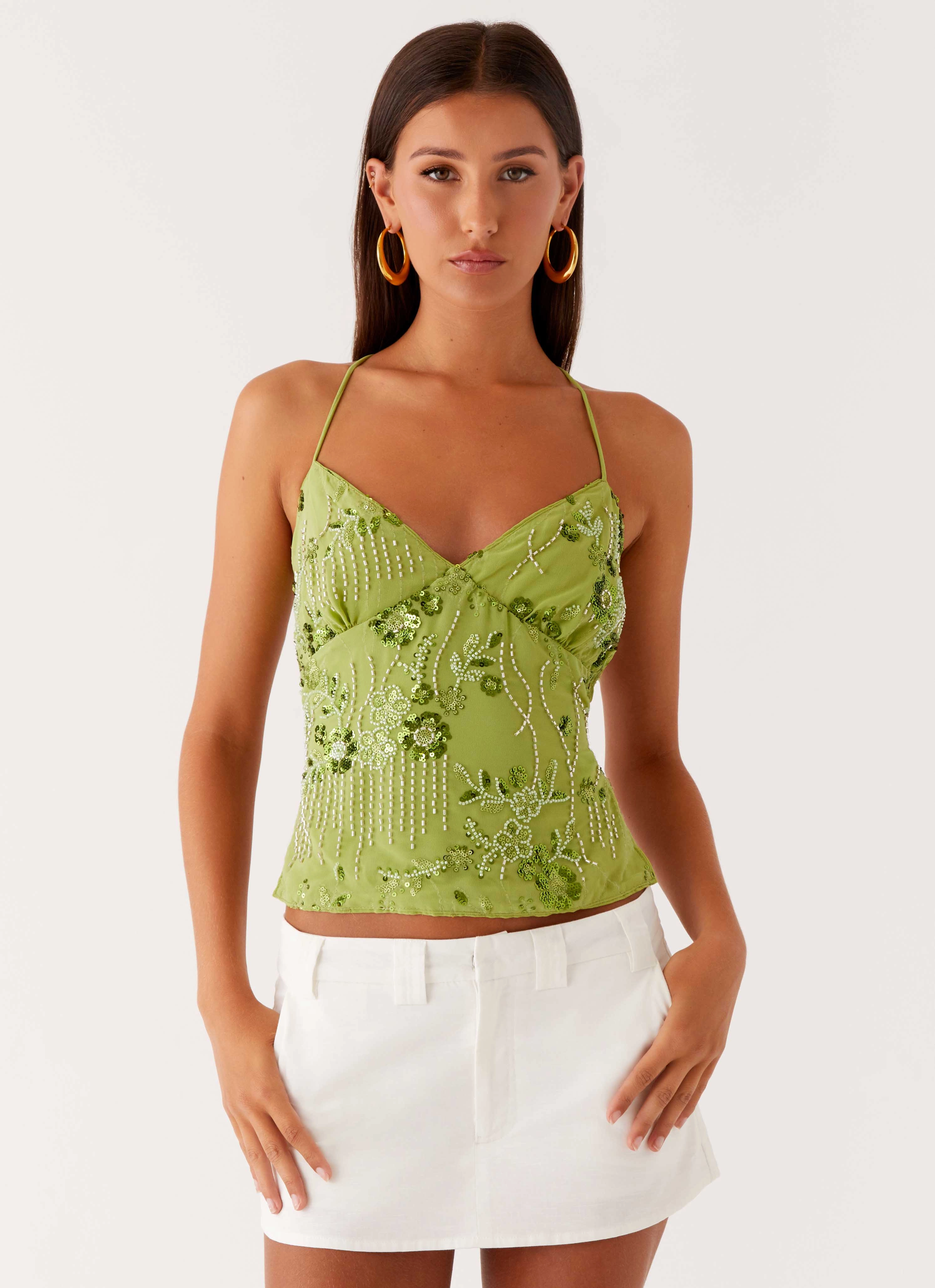 Kamilla Sequin Cami Top - Lime RawEdgedDesign SeamlessSidePanels