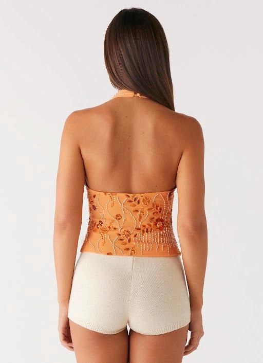 PaddedInsulation AntiFade Treatment Atlanta Sequin Halter Top - Orange