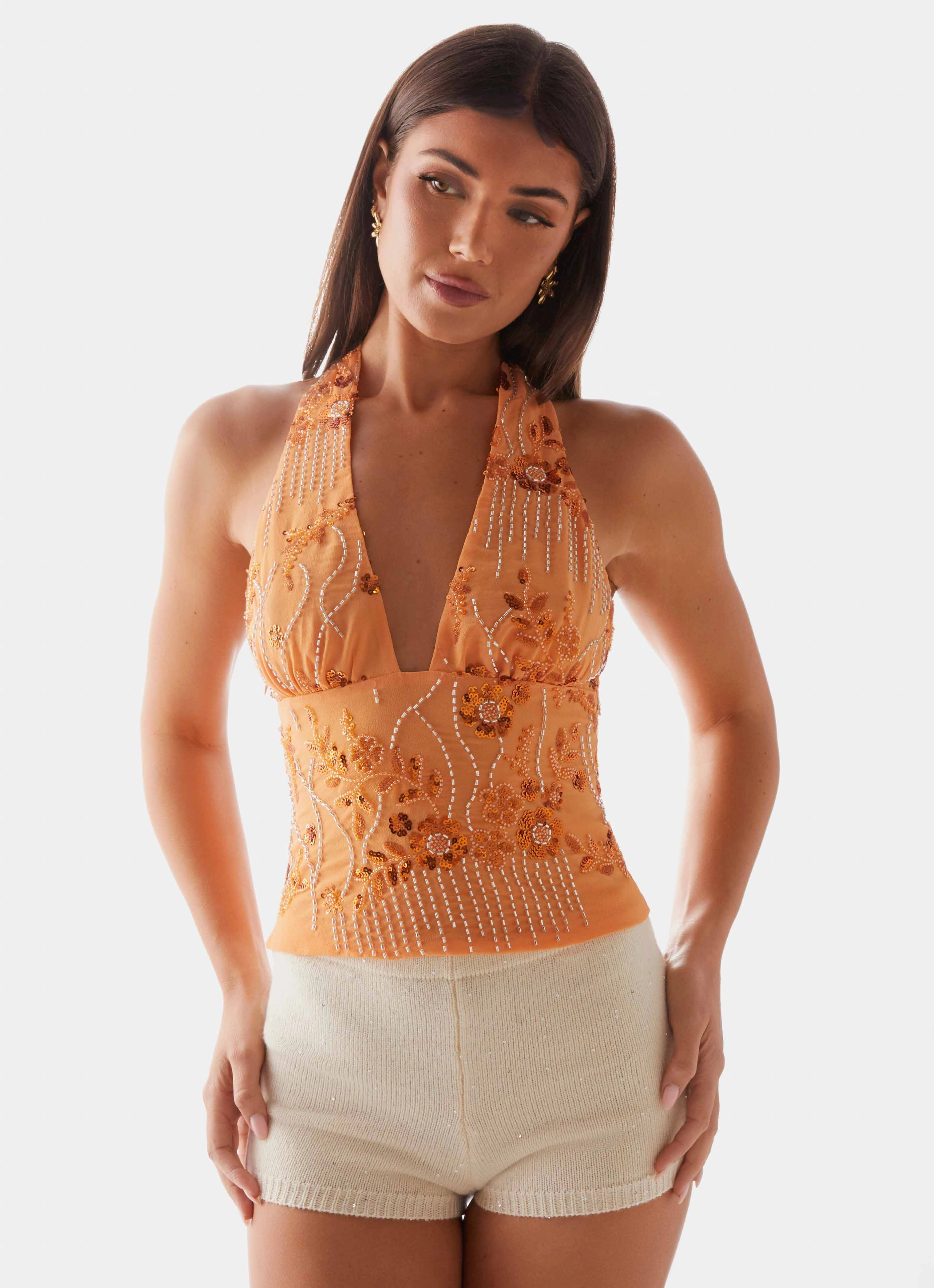 UniversalFit Seamless Design Atlanta Sequin Halter Top - Orange