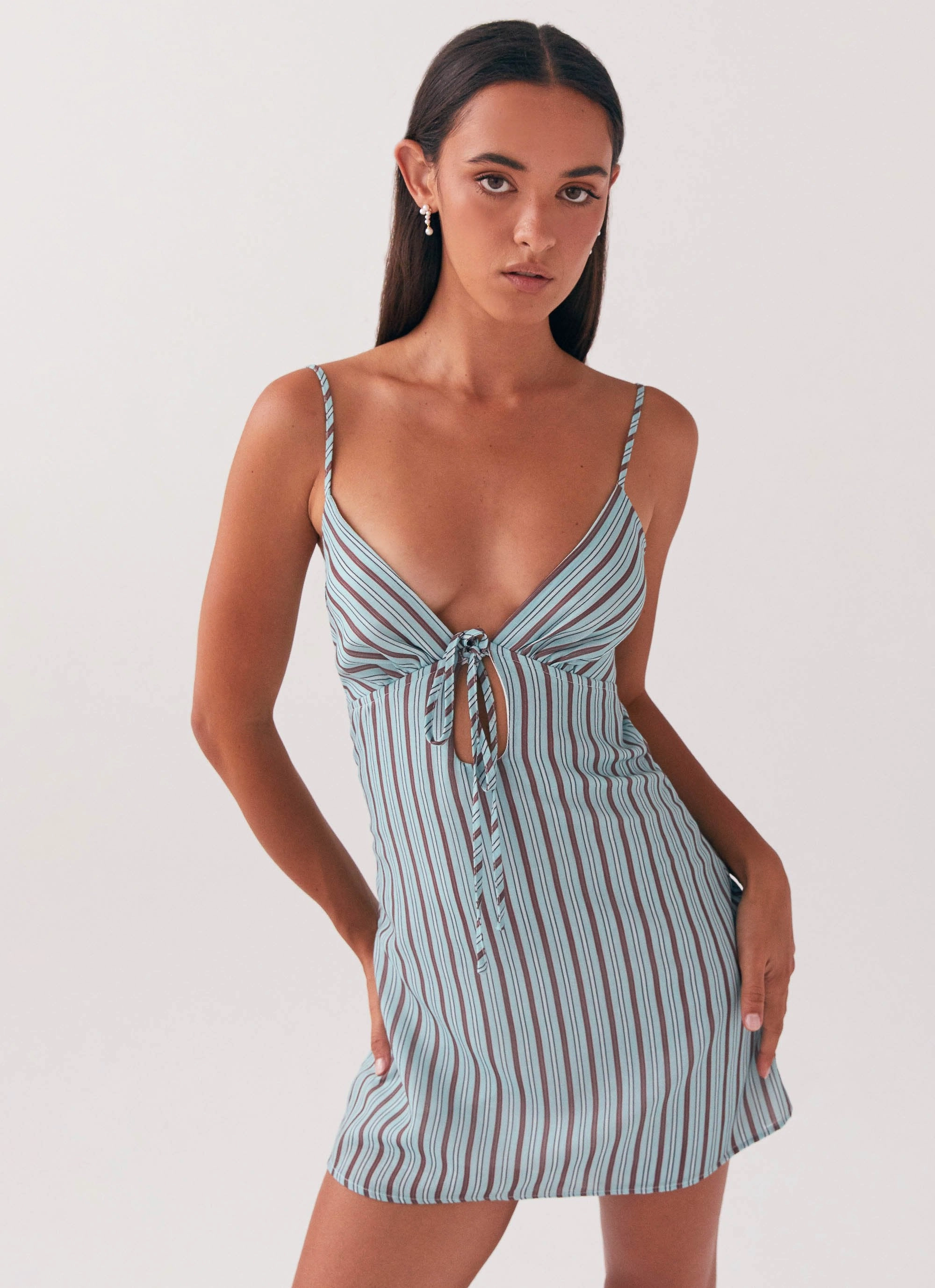 Elegant Fabric Daily Silhouette Flora Linen Mini Dress - Coastal Stripe
