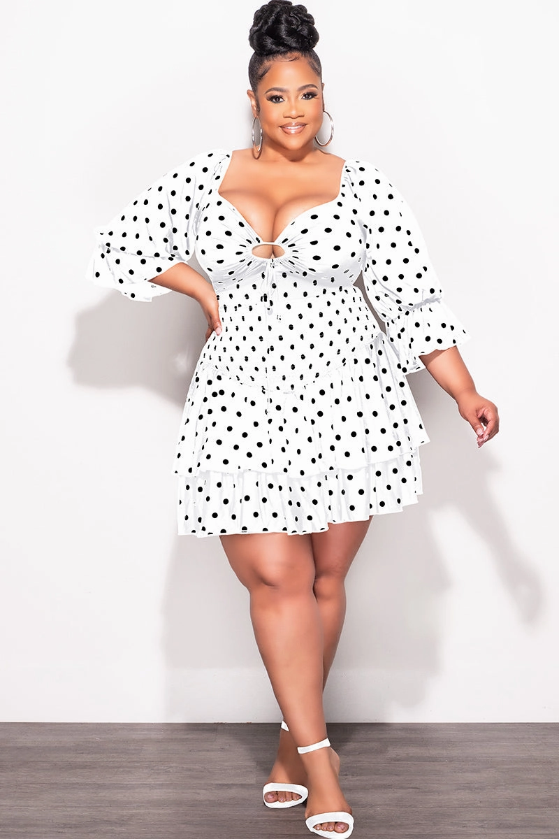 LowProfileTopstitching StainResistantCoating Final Sale Plus Size 2pc Set Off the Shoulder Crop Tie Top and Ruffle Layered Hem Mini Skirt in White with Black Polka Dot