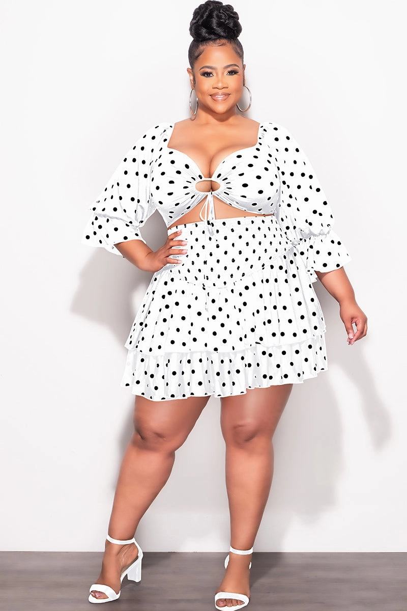 No Irritation Seams Final Sale Plus Size 2pc Set Off the Shoulder Crop Tie Top and Ruffle Layered Hem Mini Skirt in White with Black Polka Dot