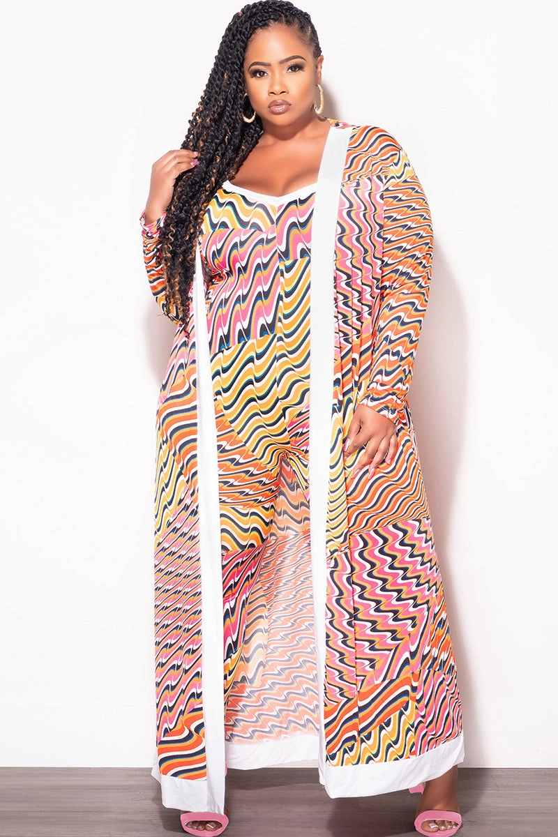 Body shaping Comfortable Stretch Final Sale Plus Size 2pc Duster & Spaghetti Strap Jumpsuit Set in Orange Multi Color Print