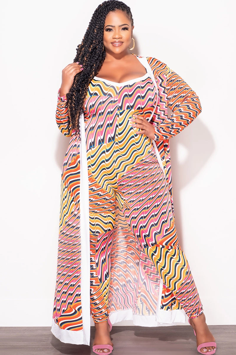 Relaxed Design Wear Final Sale Plus Size 2pc Duster & Spaghetti Strap Jumpsuit Set in Orange Multi Color Print