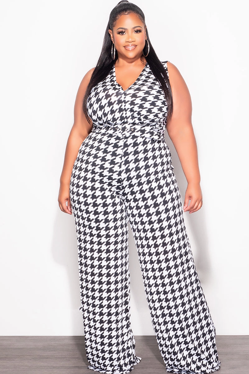 Final Sale Plus Size Jumpsuit with Waist Belt in Houndstooth Print Free Movement