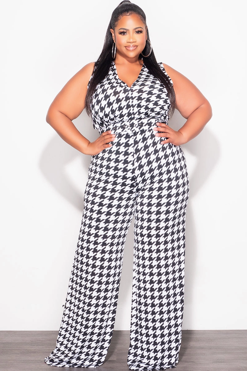Stylish Cut Final Sale Plus Size Jumpsuit with Waist Belt in Houndstooth Print