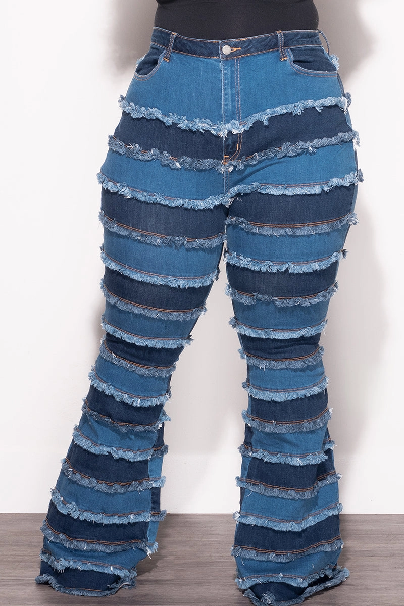 Slimline Fit Final Sale Plus Size Patchwork Frayed Flare Jeans in Denim