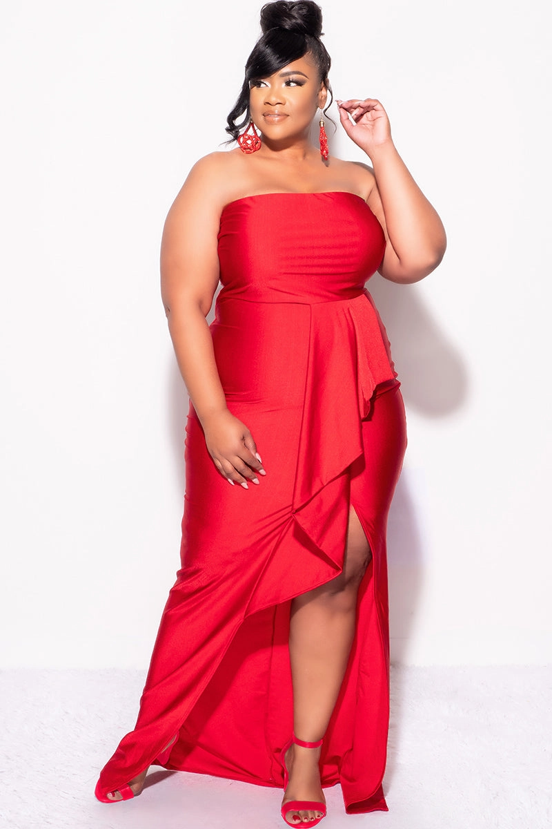 Final Sale Plus Size Strapless Ruffle Dress with Slit in Red GarmentWashed Softness