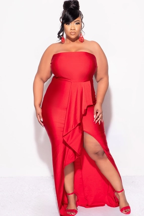Multipanel Construction UVProtection Coating Final Sale Plus Size Strapless Ruffle Dress with Slit in Red