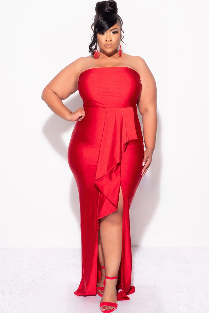Final Sale Plus Size Strapless Ruffle Dress with Slit in Red SweatGuard Lining HoodedVersion