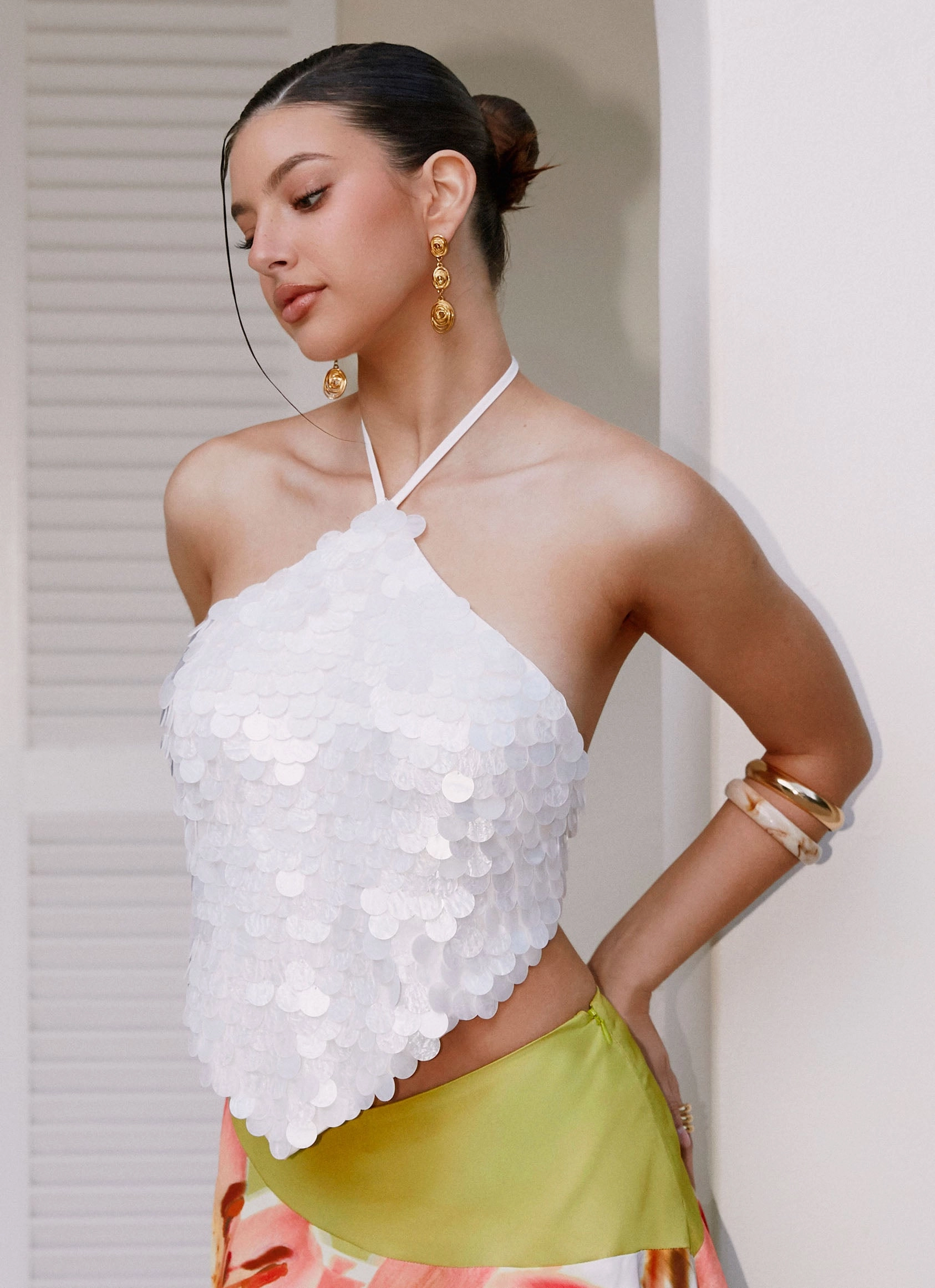 Tijana Beaded Halter Top - Ivory FlexibleLayeredConstruction Distressed Texture