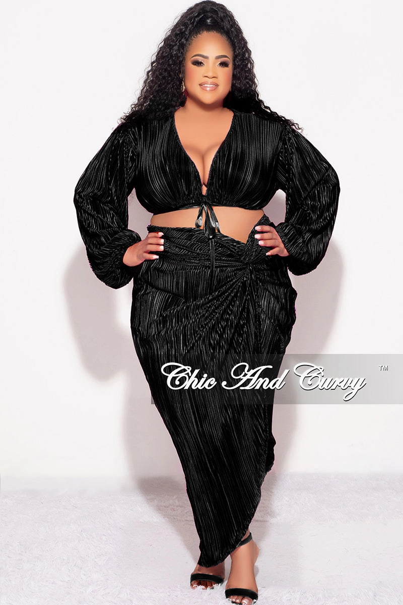 Final Sale Plus Size 2pc Pleated Crop Tie Top & Wrap Skirt Set in Black FlexibleMobilityDesign Formal Look