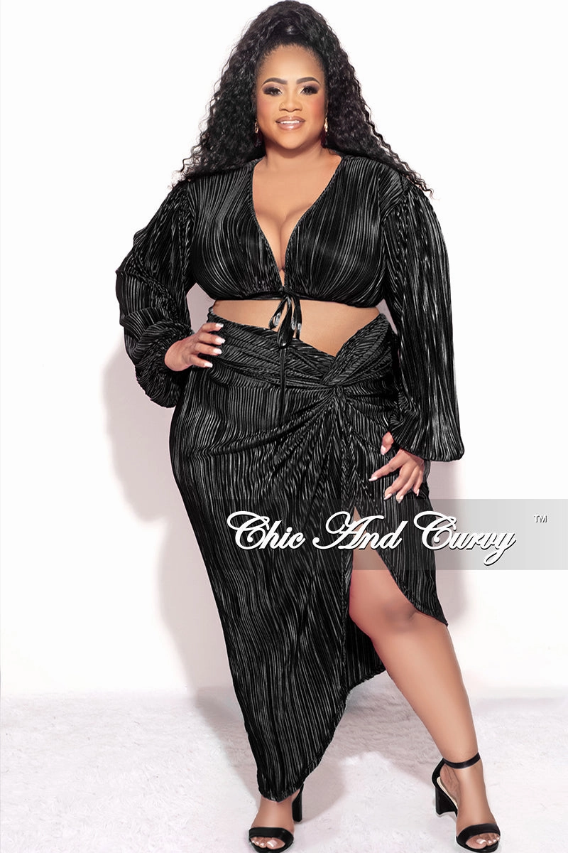 Final Sale Plus Size 2pc Pleated Crop Tie Top & Wrap Skirt Set in Black Quick Comfort Design