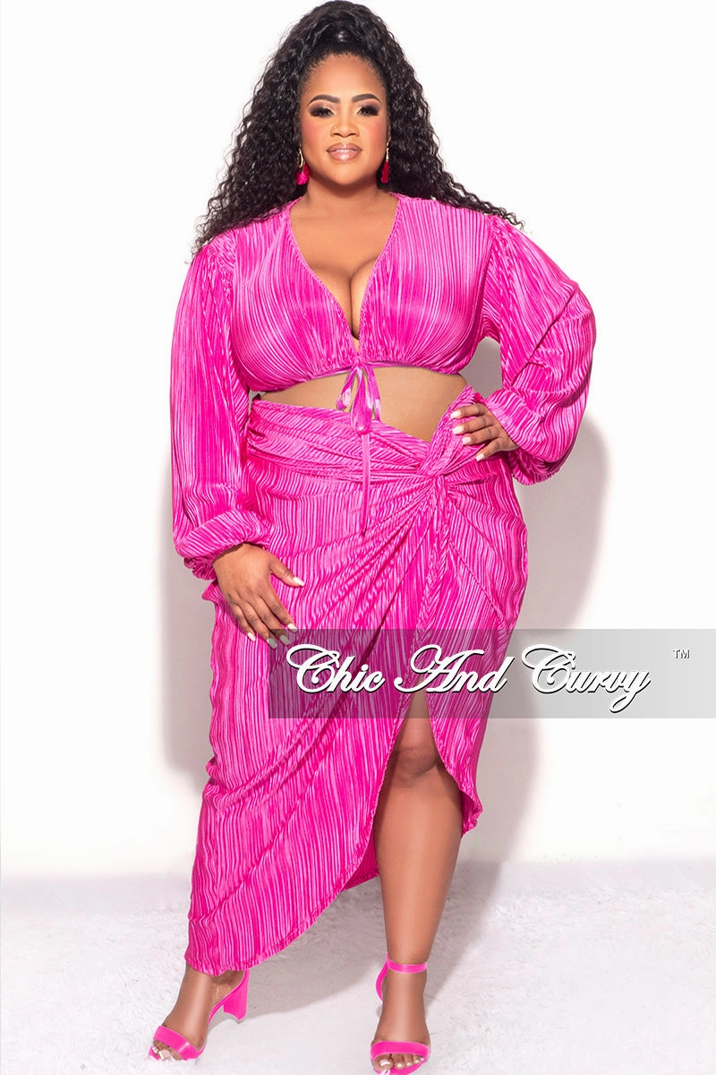 Relaxed Look Final Sale Plus Size 2pc Pleated Crop Tie Top & Wrap Skirt Set in Fuchsia
