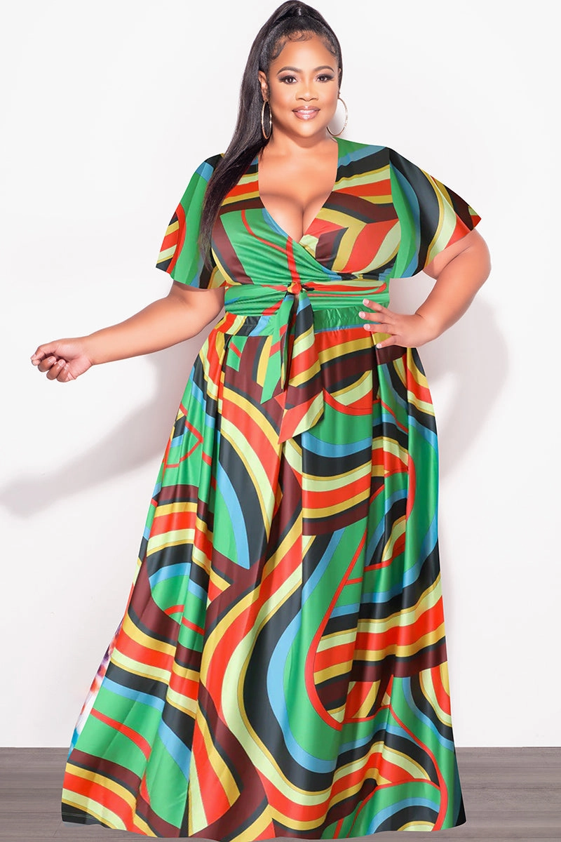 Final Sale Plus Size 2pc (Faux Wrap Crop Tie Top & Skirt) Set in Green Multi Color Eco Friendly Dyeing