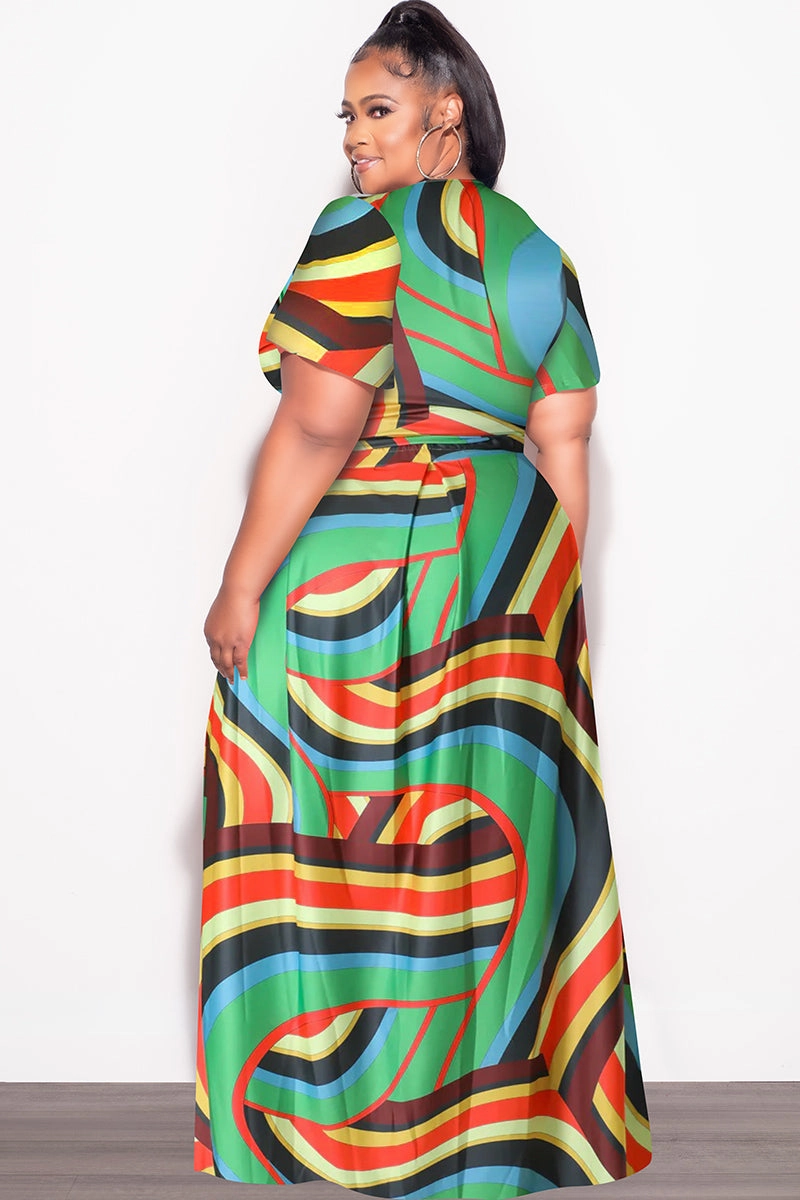 Final Sale Plus Size 2pc (Faux Wrap Crop Tie Top & Skirt) Set in Green Multi Color Stretch Panels