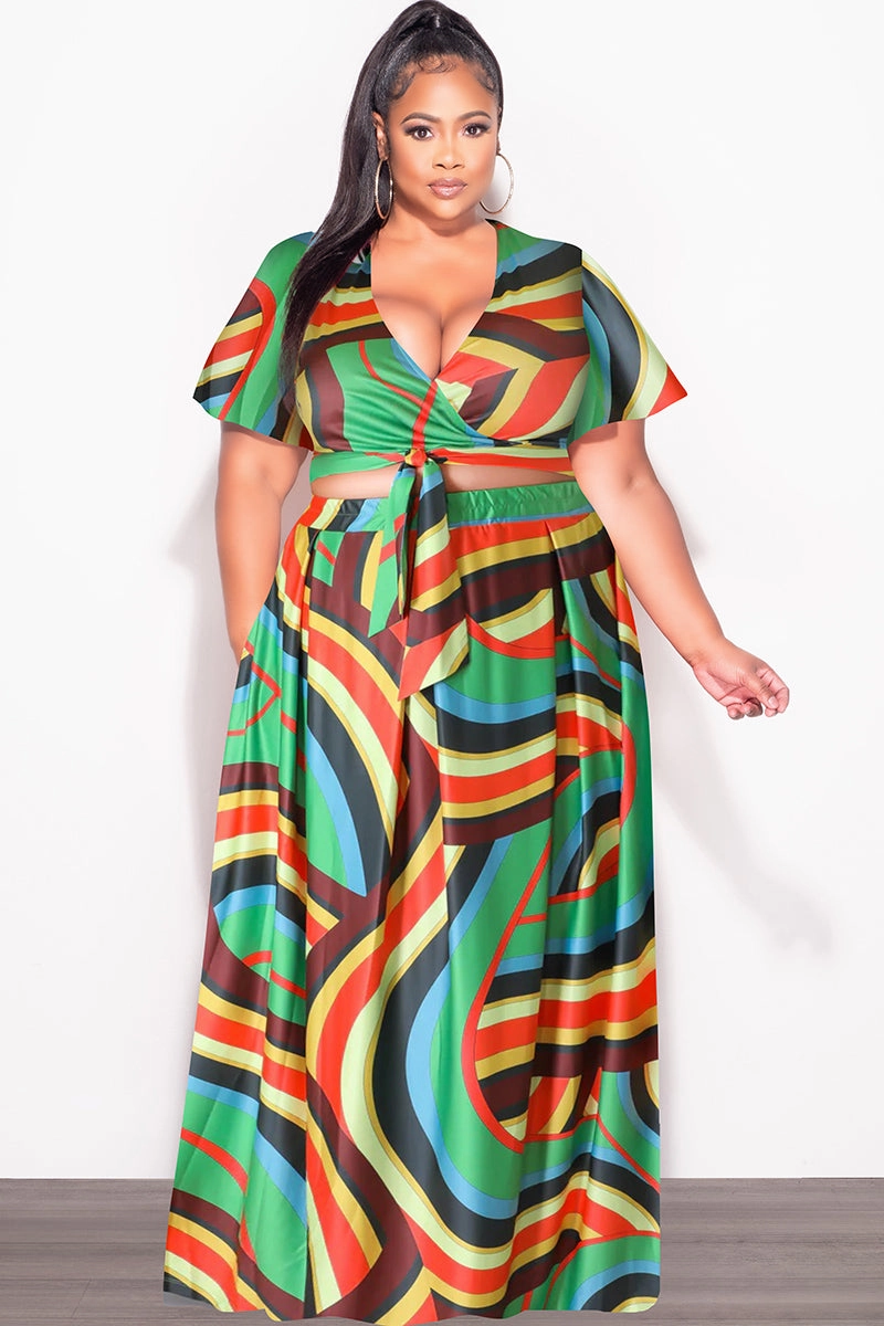 TouchscreenCompatiblePockets Final Sale Plus Size 2pc (Faux Wrap Crop Tie Top & Skirt) Set in Green Multi Color