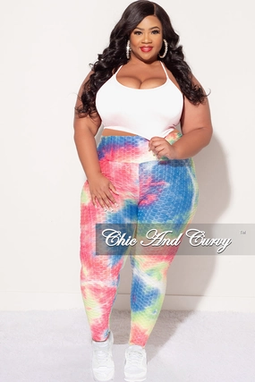 Final Sale Plus Size Honey Comb Leggings in Pink, Blue, Neon Green Tie Dye (Pants Only) StretchMaterial