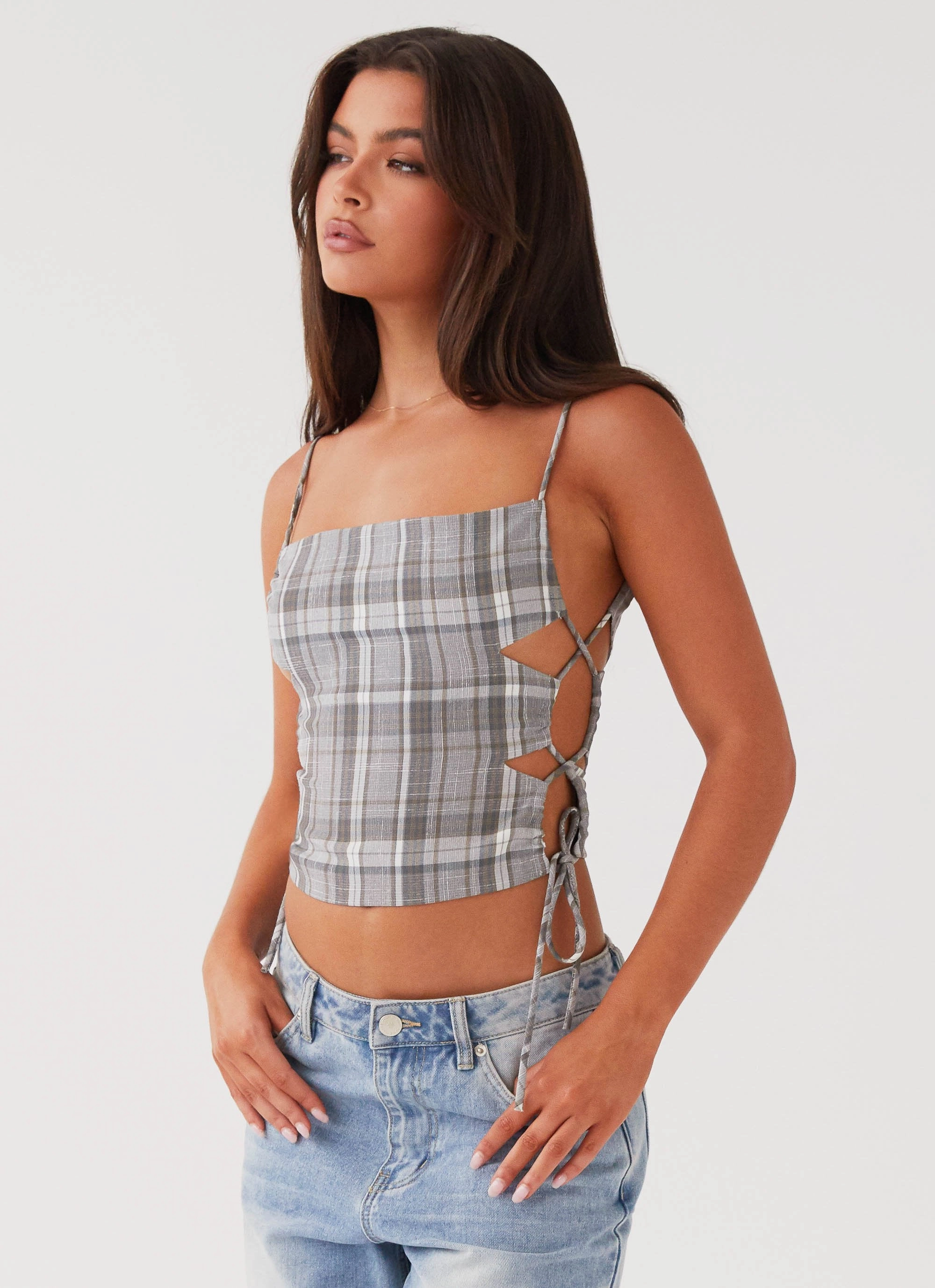 Flex Fit Shoulder Construction Trista Tie Top - Grey Tartan