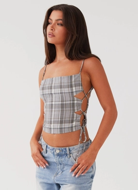 Flex Fit Shoulder Construction Trista Tie Top - Grey Tartan