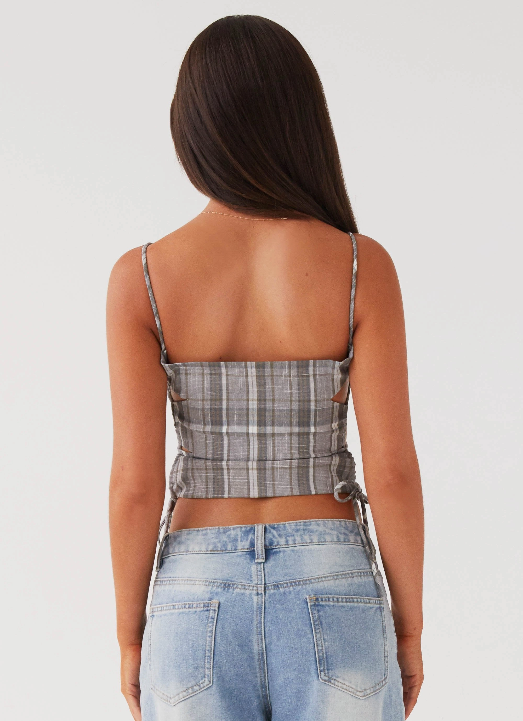 Anti Pill Surface OversizedFit Trista Tie Top - Grey Tartan