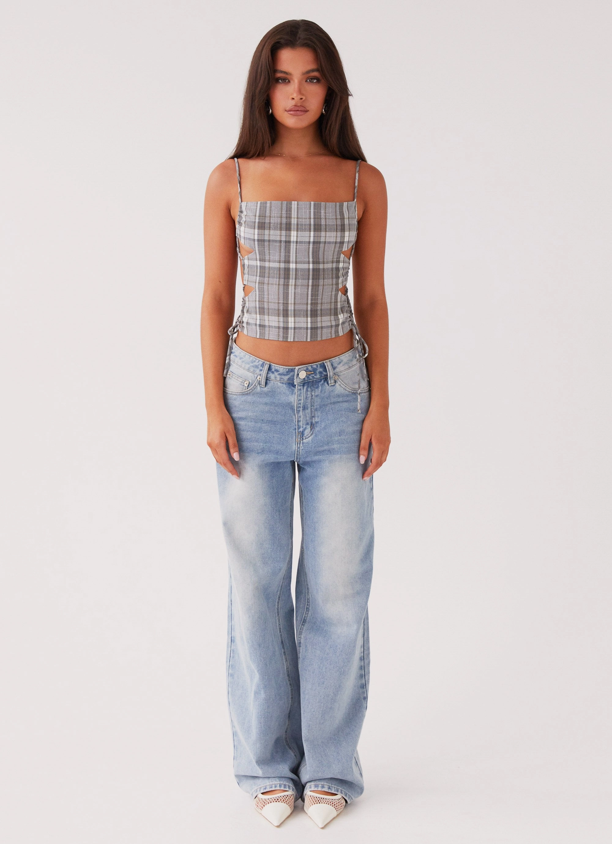 Lightweight Material Interlock Stitching Trista Tie Top - Grey Tartan