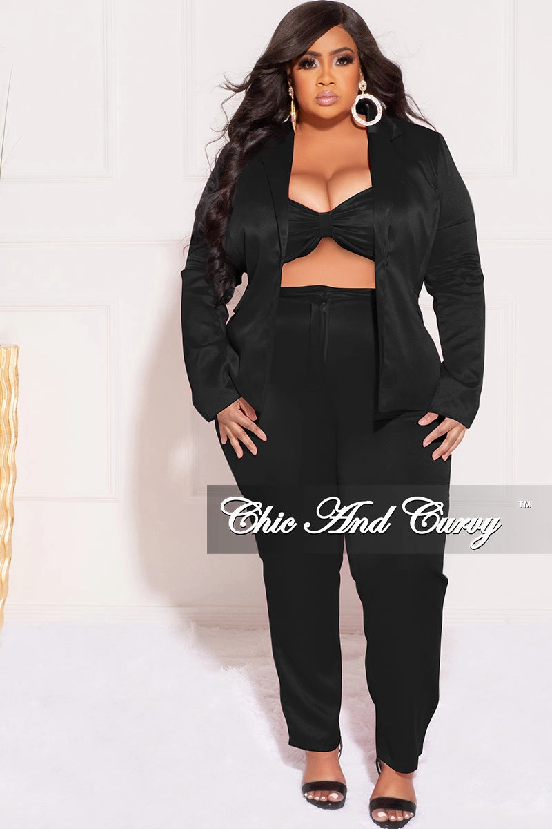 Final Sale Plus Size 3pc (Blazer, Tube Top & Pants) Set in Black Stretchable Neckline