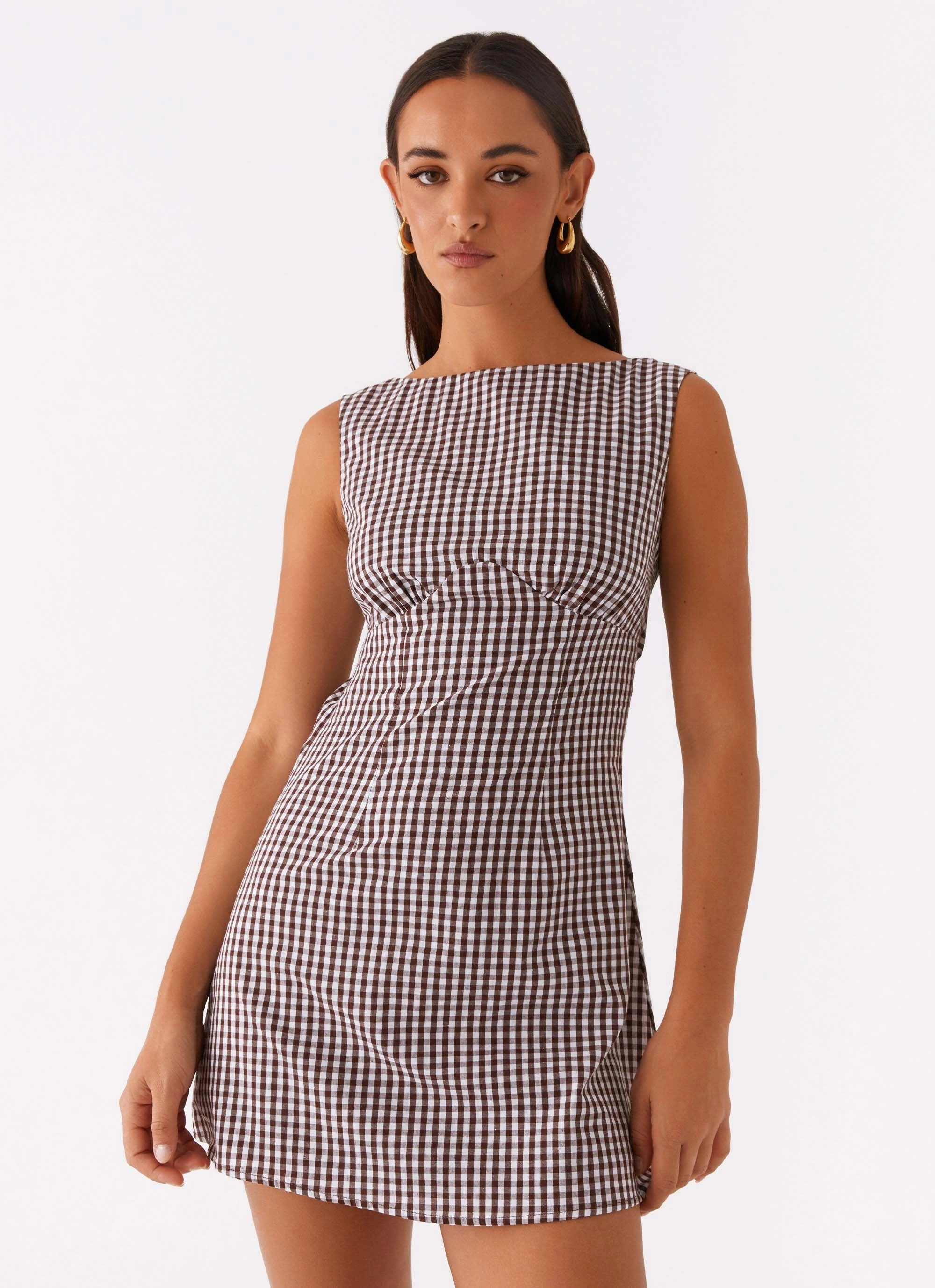 Lotus Tie Back Mini Dress - Chocolate Gingham Classic Mood Floral Swing