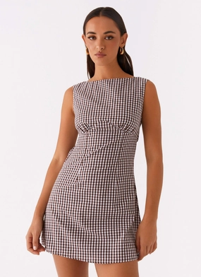 Lotus Tie Back Mini Dress - Chocolate Gingham Classic Mood Floral Swing