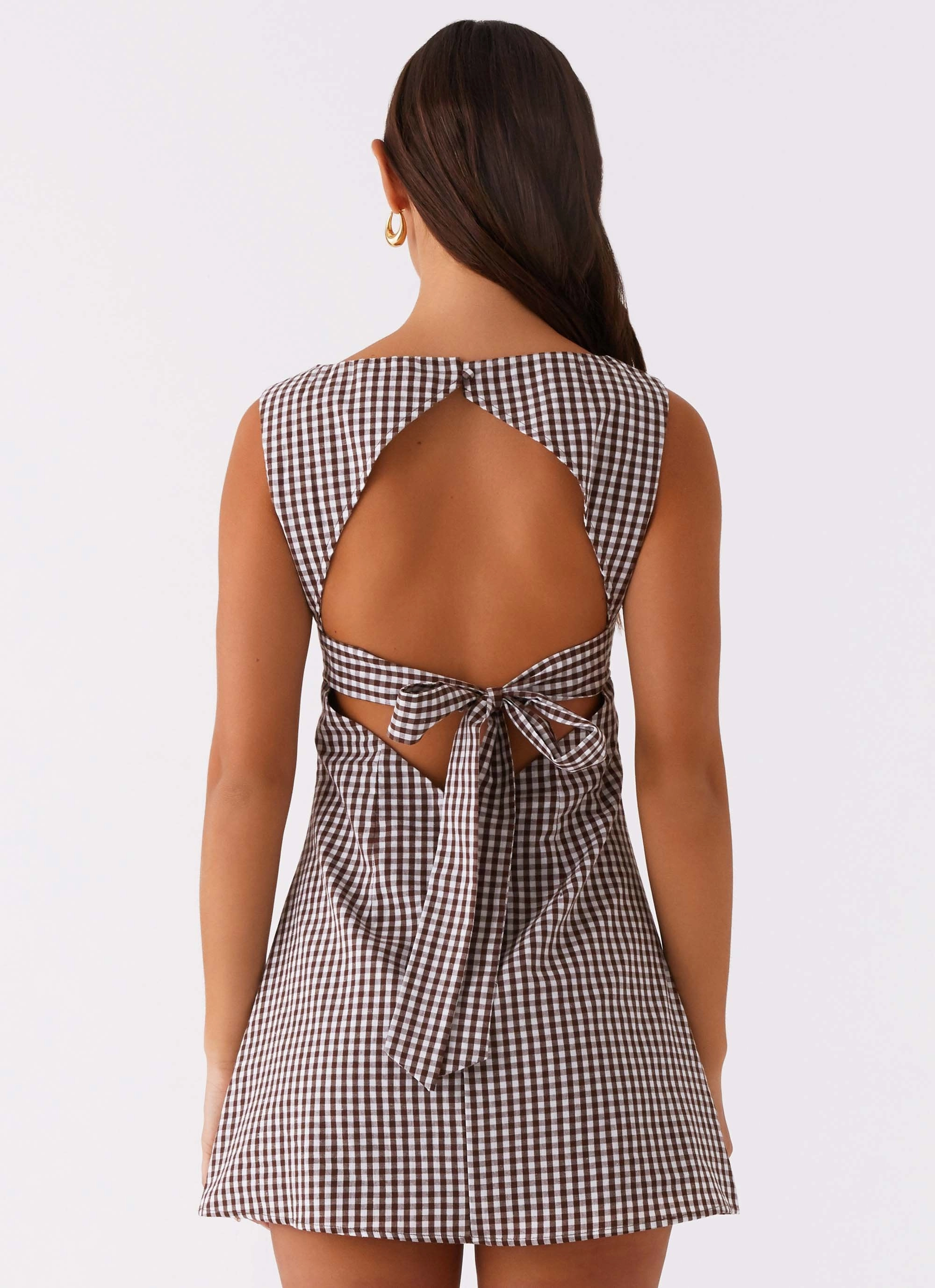 Fashion Forward Lotus Tie Back Mini Dress - Chocolate Gingham