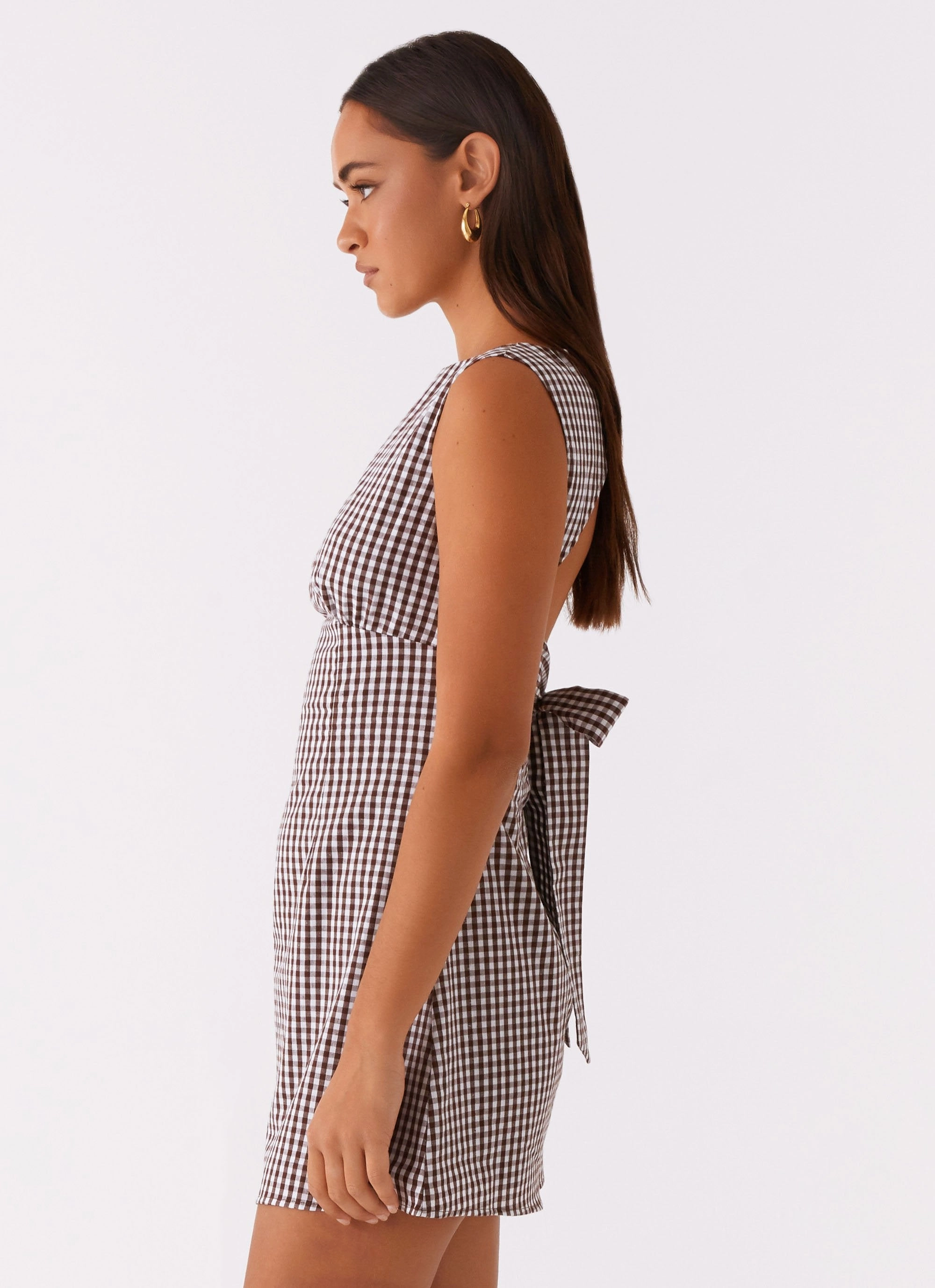 Lotus Tie Back Mini Dress - Chocolate Gingham Belted-Style