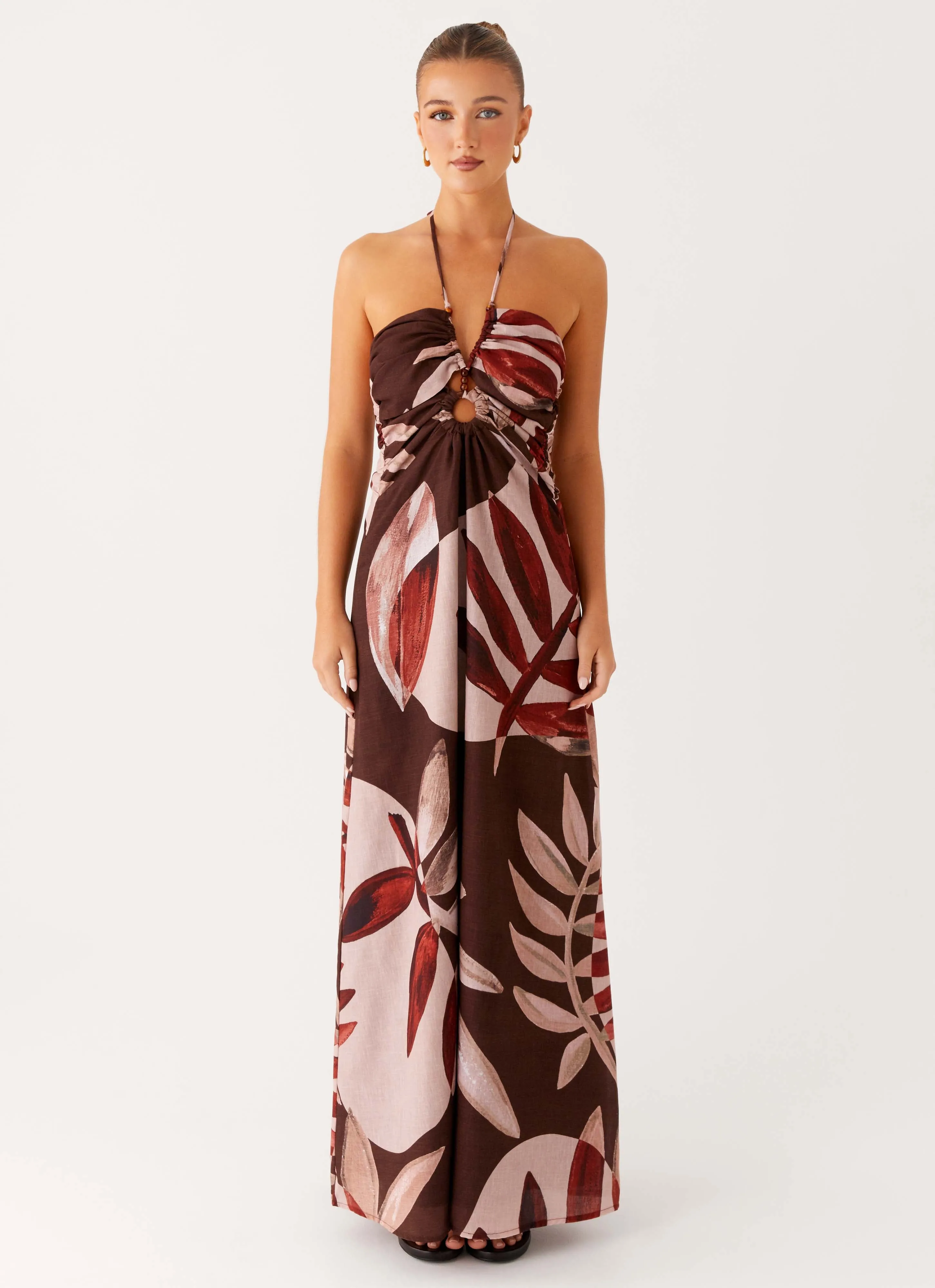 Flare Hem Waist Seam Ramona Linen Maxi Dress - Cinnamon Palm