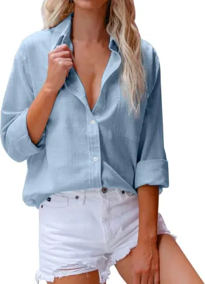 Linen Button Up Shirts for Women Linen Shirt Women V Neck Casual Long Sleeve Loose Tops Top Button Down for