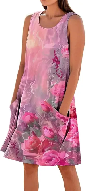 Linen Dresses for Women 2025 Sleeveless Crewneck Floral Print Tank Dress Casual Loose Sundress