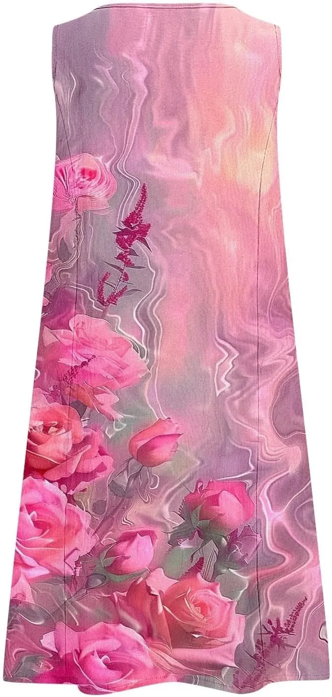 Linen Dresses for Women 2025 Sleeveless Crewneck Floral Print Tank Dress Casual Loose Sundress