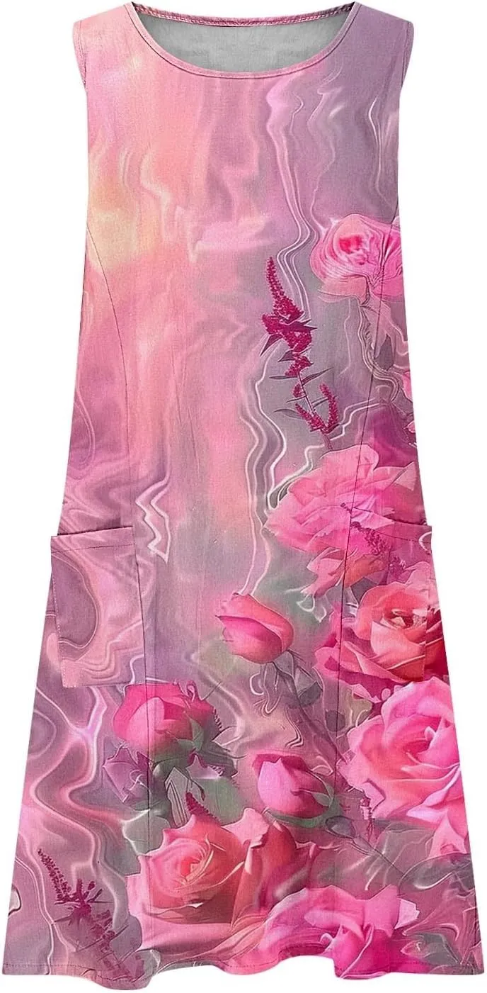 Linen Dresses for Women 2025 Sleeveless Crewneck Floral Print Tank Dress Casual Loose Sundress
