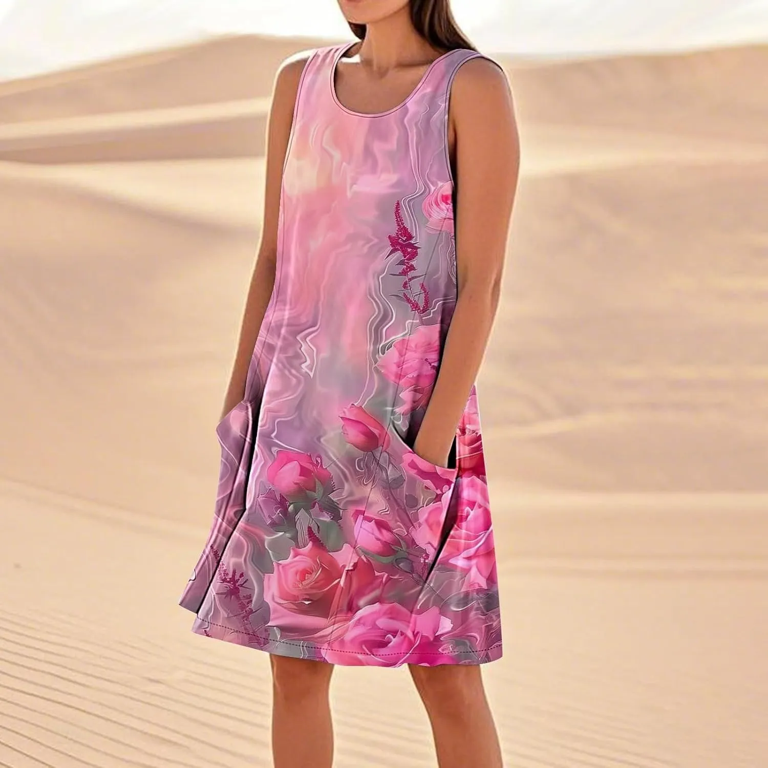 Linen Dresses for Women 2025 Sleeveless Crewneck Floral Print Tank Dress Casual Loose Sundress