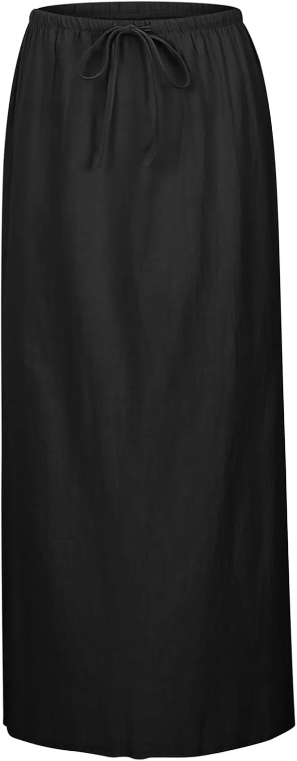 Linen Maxi Skirt, Women's Summer Bohemian Long Skirt, Cotton Elastic Waist Band Maxi Skirt Beach Party Holiday Skirt