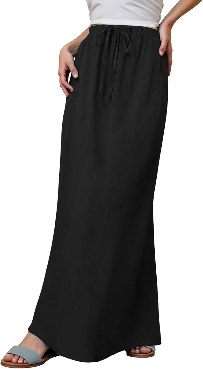 Linen Maxi Skirt, Women's Summer Bohemian Long Skirt, Cotton Elastic Waist Band Maxi Skirt Beach Party Holiday Skirt